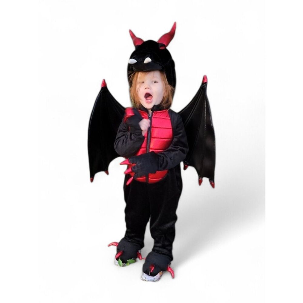 Hallow's Eve Kids Black and Red Dragon Costume - Plush Winged Jumpsuit 3T